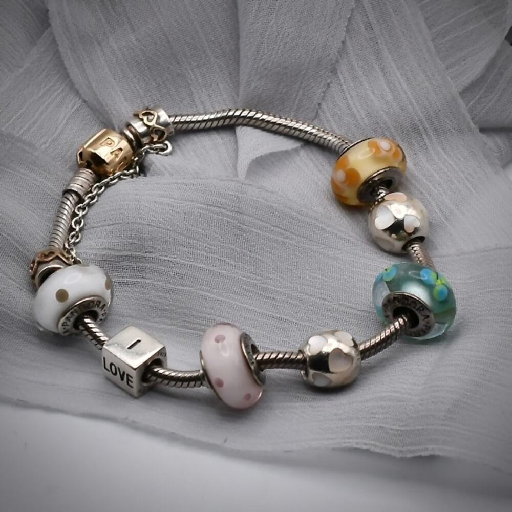 Auth PANDORA Two Tone Silver 14K Gold Clasp Moments Charm Bracelet 585 Murano